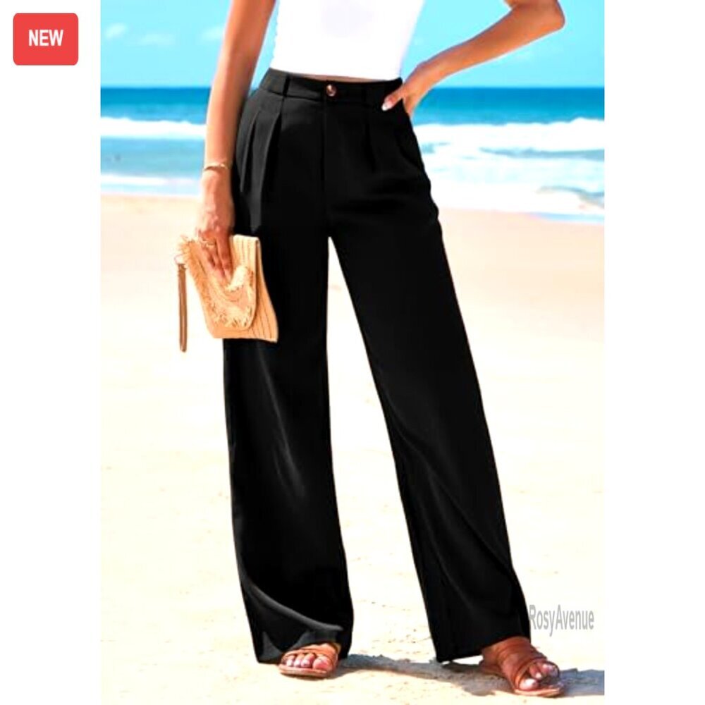 High Waisted Wide Leg Palazzo Pants, Office Work Trousers, Elastic Waist - Picture 2 of 7